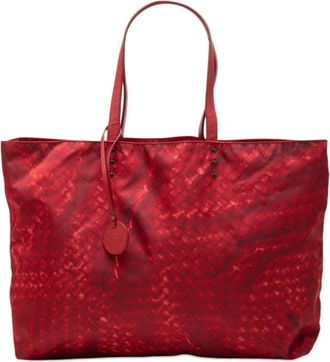 Bottega Veneta Intrecciolusion Red Color Nylon Leather Tote Bag (Pre-Owned)