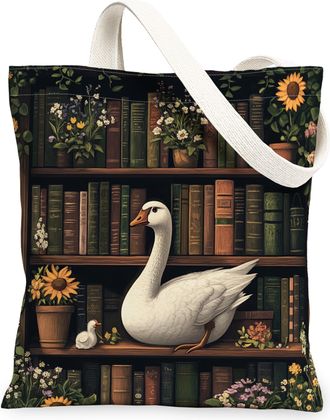 Generic Spring Goose Poultry Canvas Tote Bag for Shopping 13x15, Flower Bookshelf Animal Reusable Grocery Print Bag for Women, Fun Scenic Beach Aesthetic Pain