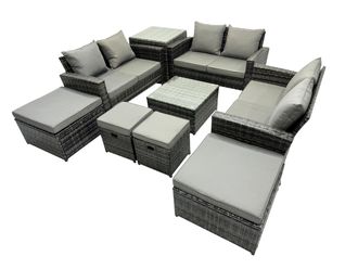 Fimous Lounge Double Seat Sofa Coffee Table Set with Side Table 4 Stool in Dark Grey