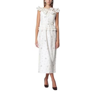 Alessandra Rich Kleedjes, Dames, Wit, S, Jurk met Print en Off-Shoulder Halslijn