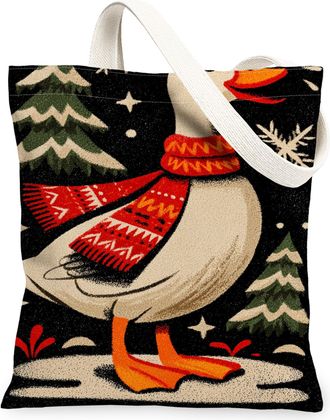 Generic Christmas Goose Canvas Tote Bags, Retro Animal Pattern Reusable Grocery Bags, Winter Rustic Lightweight Washable Shoulder S, Black, 13x15 Inch