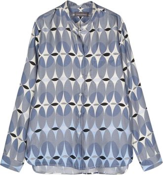 Lorena Antoniazzi Blue Printed Geometric Collarless Silk Long-Sleeve Shirt