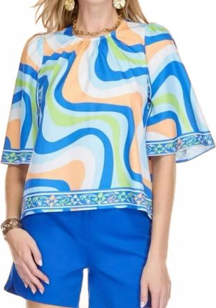 Jade Yoga The Linna Wavely Border Bell Sleeve Top In Blue