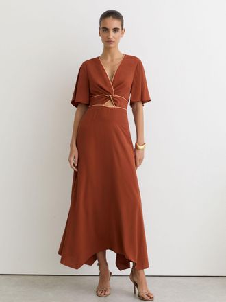 Reiss Rust Orange Piped-trim Cut-out Midi Dress, 18