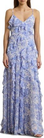 Lauren Ralph Lauren Floral Ruffle Georgette Gown in White/Blue at Nordstrom, Size 10