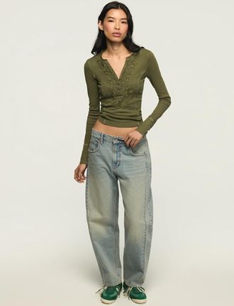 Lucky Brand Womens Embroidered V Neck Henley