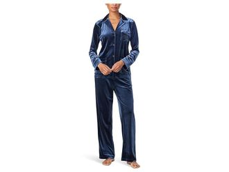 Lauren Ralph Lauren Long Sleeve Velvet Notch Collar Long PJ Set Womens Pajama Sets Blue : LG (US 12-14), Velvet/Spandex/Polyester