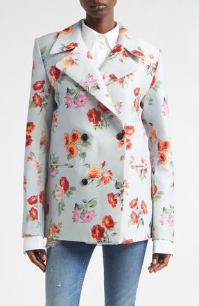 Brandon Maxwell The Delaney Floral Virgin Wool & Silk Faille Tuxedo Jacket in Light Blue Floral at Nordstrom, Size 6