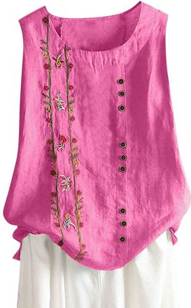 Generic HAOLEI Vest Tops Women UK Summer Cotton Linen Sleeveless T-Shirt Plus Size Loose Fit Floral Shirts Dandelion Embroidered Lounge Wear Baggy Dressy Casu