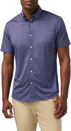 Mizzen+Main Haylard Trim Fit Navy Variegated Leaf Short Sleeve Button-Up Shirt in Midnight Navy Variegated Leaf at Nordstrom, Size Xx-Large