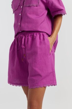 Chinti and Parker Sienna Linen-Blend Scallop Edge Shorts in Magenta at Nordstrom, Size 10