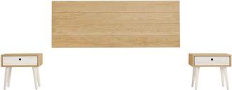 HOGAR 24 Cabecero madera maciza natural + 2 mesitas un cajón cera/blanco