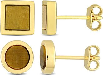 Amour Mens 2-Piece Set 1 5/8ct Tigers Eye Square and Round Stud Earrings in Yellow Silver