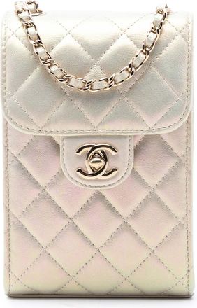 Chanel White CC Quilted Iridescent Lambskin Phone Holder with Chain