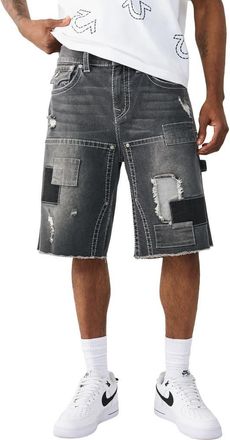 True Religion Vinny Big T Frayed Denim Carpenter Shorts in Carbon Shine Black Wash at Nordstrom, Size 29