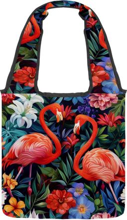Generic Flower Flamingo Reversible Canvas Shoulder Tote - Double-Sided Print, 12oz Cotton, 27cm Drop, Fold-Flat Bag for Travel, Shopping, Street Outings