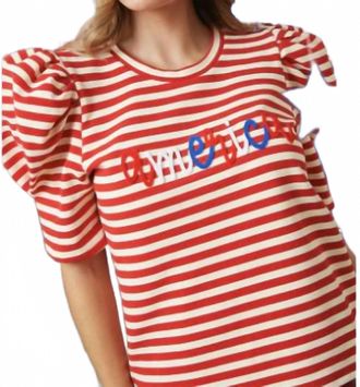 Peach Love California America Striped Puff Sleeve Top In Red Multi