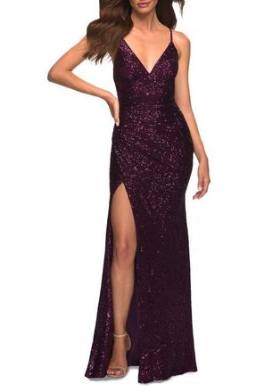 La Femme Sequin Long Prom Dress with Wrap Style Front in Dark Berry at Nordstrom, Size 2