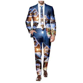 Generic Christmas Suits for Men UK 2 Piece Mens Suits Set with Reindeer Snowflake Printed Tuxedo Blazer & Trousers Notched Lapel One Button Christmas Fancy Dr
