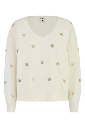 Yumi Cream Sequin Heart V Neck Jumper M/L White