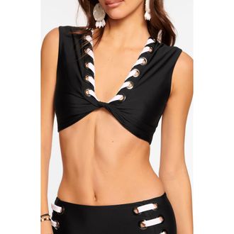 Ramy Brook Dorothea Twisted Lace-Up Bikini Top in Black W/White Lacing at Nordstrom Rack, Size Medium