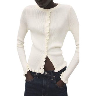 Mango Ruffle Trim Rib Cardigan in Ecru at Nordstrom, Size Small