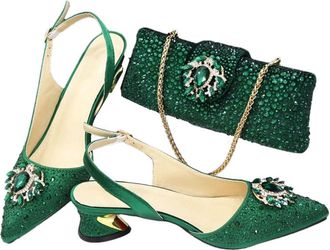 Generic Womens Shoes and Bag Set Sparkly Crystal Decoration Low Mid Heel Dress Pumps Matching Gold Chain Handbag