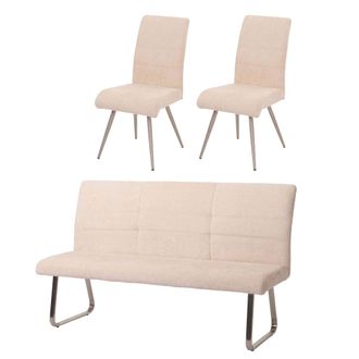 Hhg Juego De Comedor Hhg-221, Juego De 2 Sillas + Banco 180cm, Acero Inoxidable Cepillado Tela/textil Chenilla, Crema