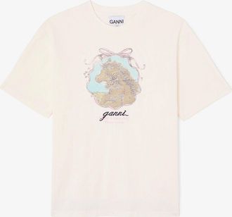 Ganni White T-shirt with Horses - Size XS Organic Cotton