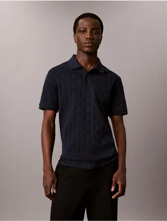 Calvin Klein Mens Allover Emblem Logo Jacquard Polo Shirt - Blue - 2XL