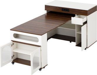STILVORA Carro De Cocina Extensible Con 1 Caj&oacute;n, 1 Armario, Puertas De Vidrio, Enchufes Integrados Y Ruedas, Blanco Nogal
