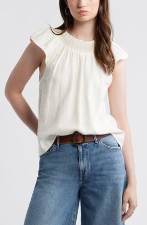 Treasure & Bond Smocked Neck Linen Blend Top in Ivory Egret at Nordstrom, Size Xx-Large