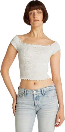 Tommy Jeans Dames-top met mini-logo, schoudervrije pasvorm en smockwerk (Ecru)