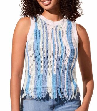 Tribal Crew Neck Fringed Hem Sweater Tank In Blue