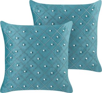 Beliani Conjunto De 2 Cojines De Terciopelo Verde Azulado Plateado 45 X 45 Cm Yarrow