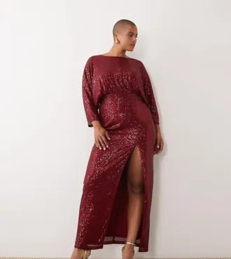 Tfnc Plus vestito maxi in mesh con paillettes, maniche kimono e spacco sulla coscia, bordeaux-Rosso