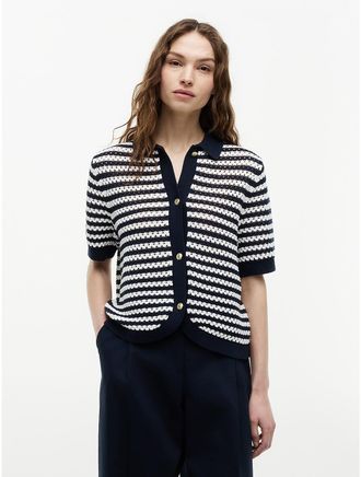 Tommy Hilfiger Womens Short-Sleeve Striped Crochet Cardigan - Navy - XS