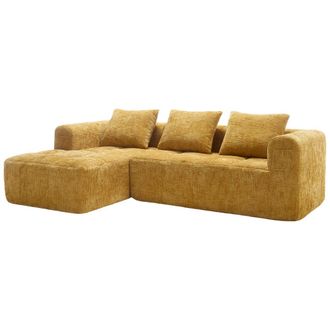 Urban Meuble Sof&aacute; esquinero de chenilla con chaise longue y bolsillos, amarillo
