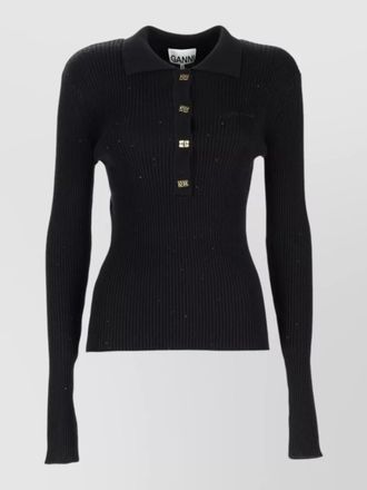 Ganni long sleeve wool polo ribbed slim fit