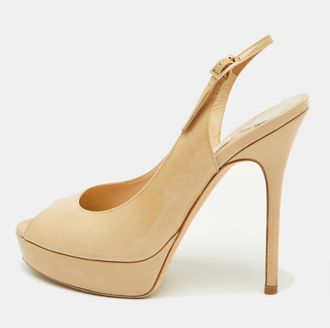 Jimmy Choo London Beige Patent Leather Nova Peep Toe Platform Slingback Pumps