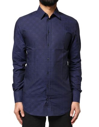 Dolce & Gabbana Blue Check Tartan GOLD Formal Dress Mens Shirt