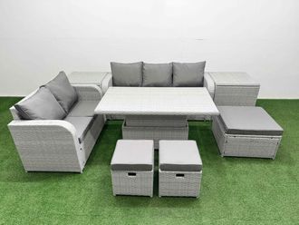 Fimous 8 Seater PE Rattan Wicker Garden Furniture Patio Conservatory Sofa Set w/ Adjustable Lifting Dining or Coffee Table 3 Seater Sofa Love Sofa 3