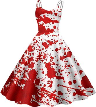 Generic Halloween Dress for Women Ladies Halloween Bloody Print Casual Round Neck Sleeveless Dress Gothic Dress Women Spaghetti Strap Dresses Cocktail Party E