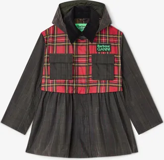 Ganni Green x Barbour Peplum Wax Jacket in Tartan - Size 32 Cotton