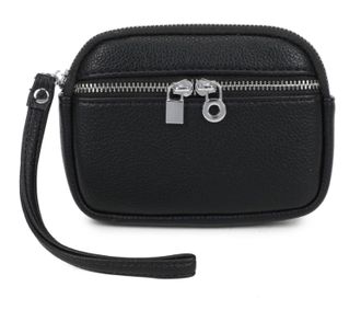 Generic Womens Small Wristlet Pouch, Dual Zipper Compartments, Silver Hardware, Small Clutch Bag with Strap (Black)