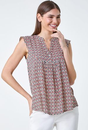 Roman Geometric Print Frill Blouse