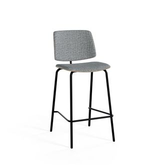 Koketto Home Taburete bajo asiento tapizado gris y chapa de madera