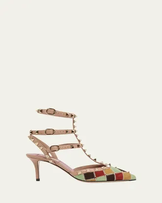 Valentino Garavani 100mm Rockstud Patchwork Suede Ankle-Strap Pumps
