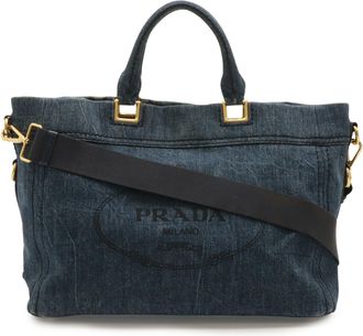 Prada Avio Blue Denim Canvas Handbag Shoulder Bag Tote Bag (Pre-Owned)