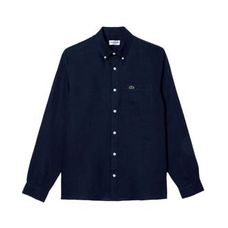 Lacoste Blauw Linnen Overhemd met Korte Mouwen - Heren - Casual Overhemden - Blauw - 3XL - Linnen - Overhemden